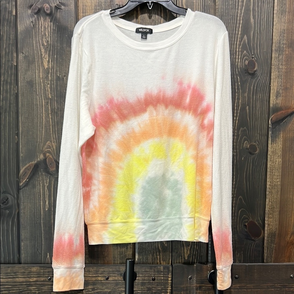 WildFox Rainbow Sweater L White Colorful Tie Dye Beach Stretch Relaxed Boho Chic